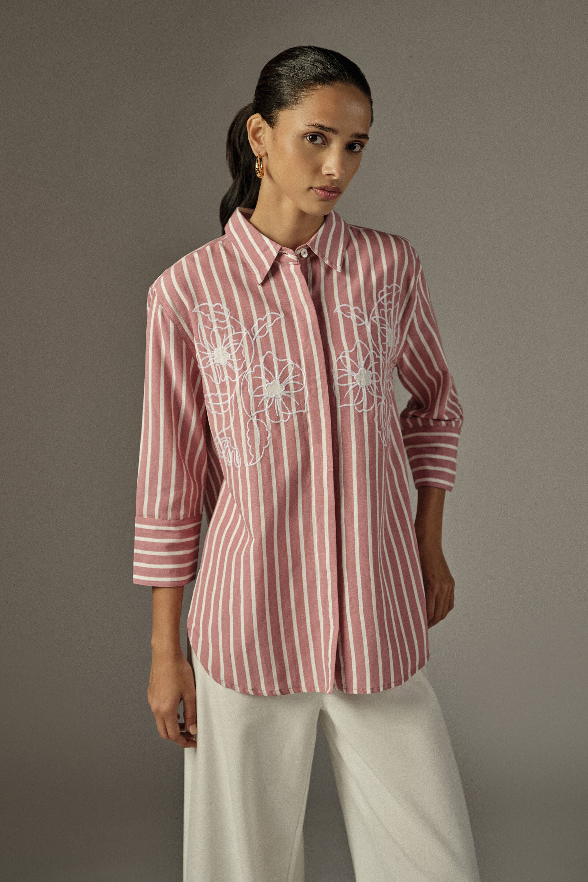 Striped & Embroidered Shirt in Pink, Pink, image 1